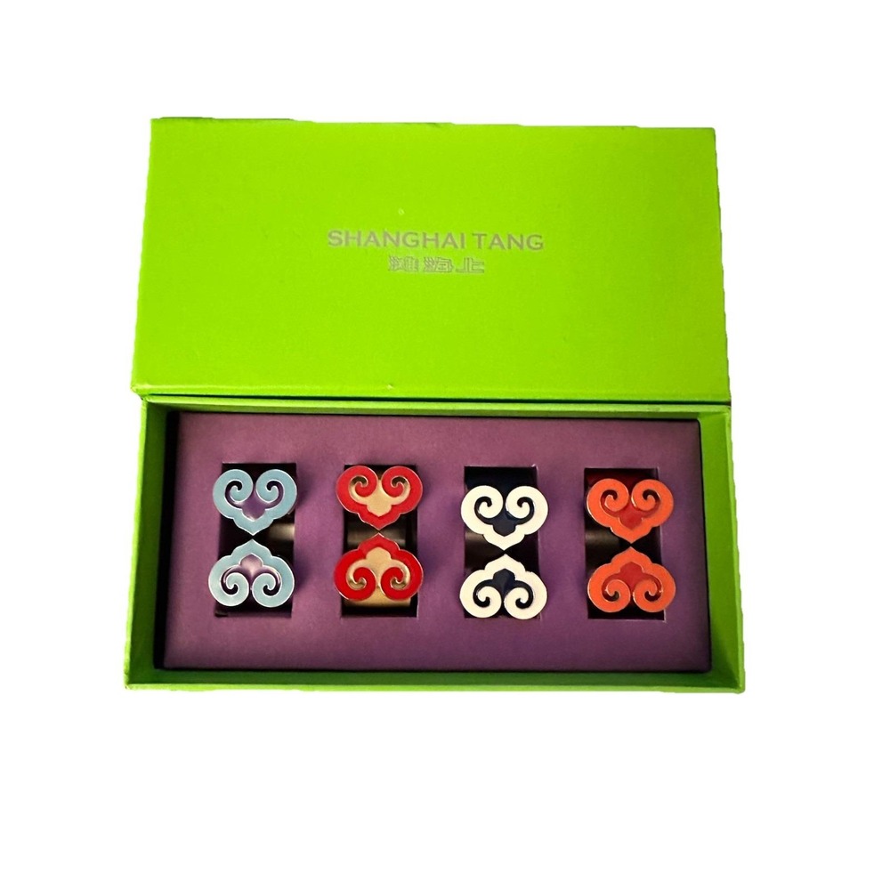 Shanghai Tang Enamel Napkin Rings Set‎ of 4 Auspicious Cloud Ruyi Motif with Box